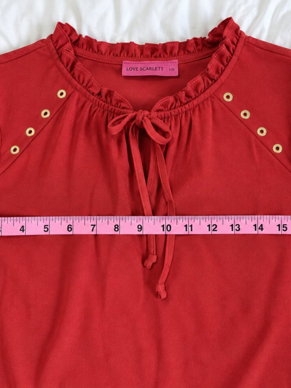 Sun-Dried Tomato Ruffle Tie Neck Blouse Gold Eyelet Short Sleeve Size L/G - Picture 10 of 11